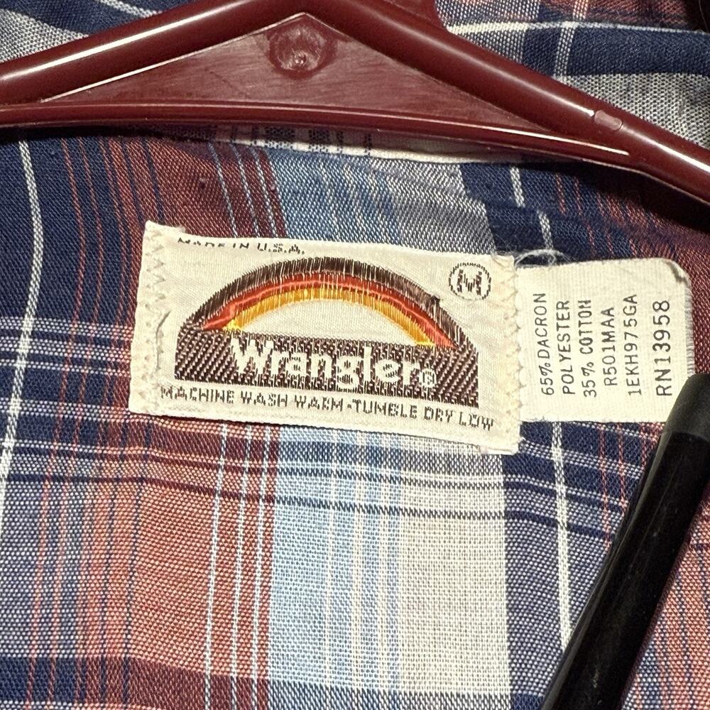VTG Wrangler Shirt Mens Medium Blue Plaid Western Pearl Snap Sawtooth 70s 80s - Picture 4 of 7